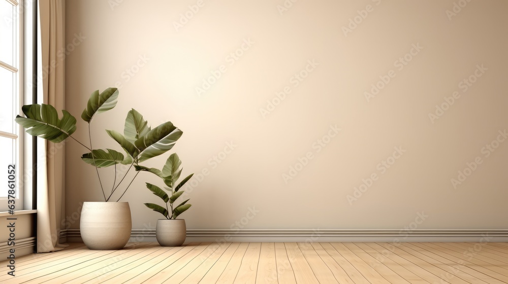 Empty room interior background with beige wall and wooden flooring, Vase and plant. Empty room interior background with beige wall and wooden flooring, Vase and plant.