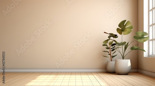 Empty room interior background with beige wall and wooden flooring, Vase and plant.