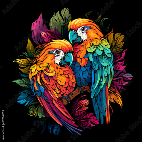 Parrots among flowers in colourful pop art style.