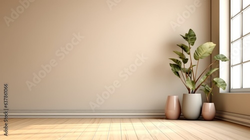 Empty room interior background with beige wall and wooden flooring  Vase and plant.