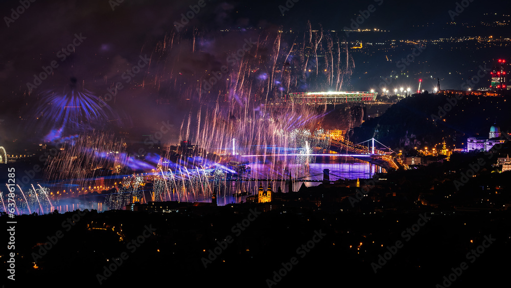 Fireworks display in Budapest 08.20.2023. Saint Stephen king memorial day, New bread's celebration day and celebration of the founding of the Hungarian state