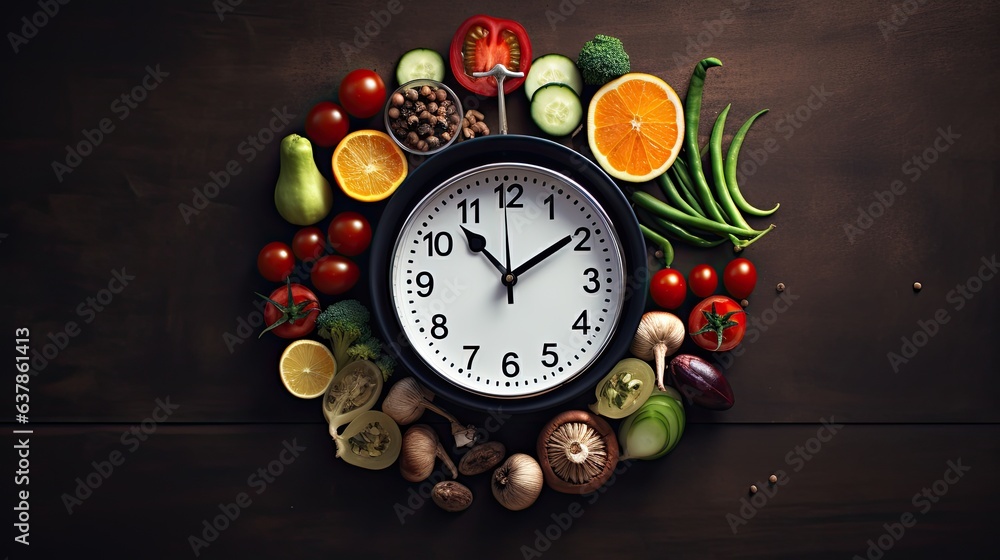 Food and time intermittent fasting concept - obrazy, fototapety, plakaty 