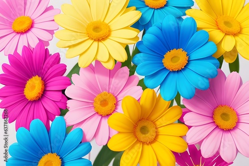 Colorful spring flowers with blue sky in the background.