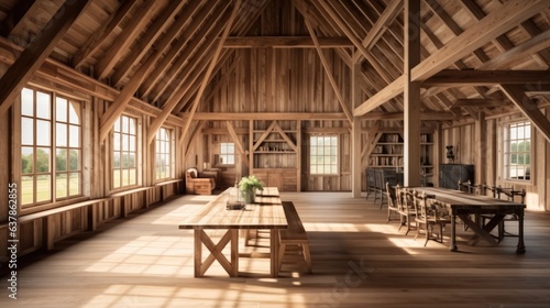 Interior design of a barn, Wooden structure, Home decor.