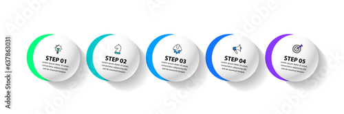 Infographic template. 5 curved circles with icons and text