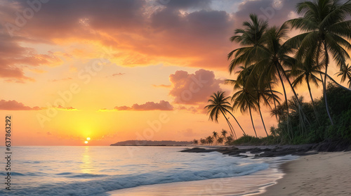 Sunset Serenity: Beautiful Beach with Coconut Trees. Generative AI. © Happy Hues