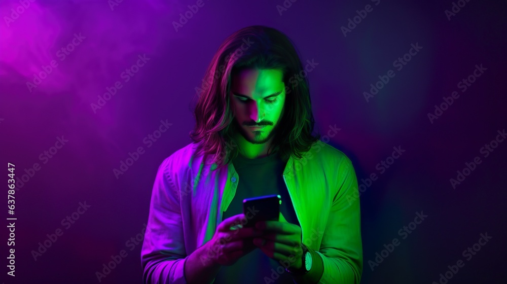 Stylish Long hair guy wearing Jacket and using phone with an purple gradient background. Concept of human emotions, facial expression, sales, ad.