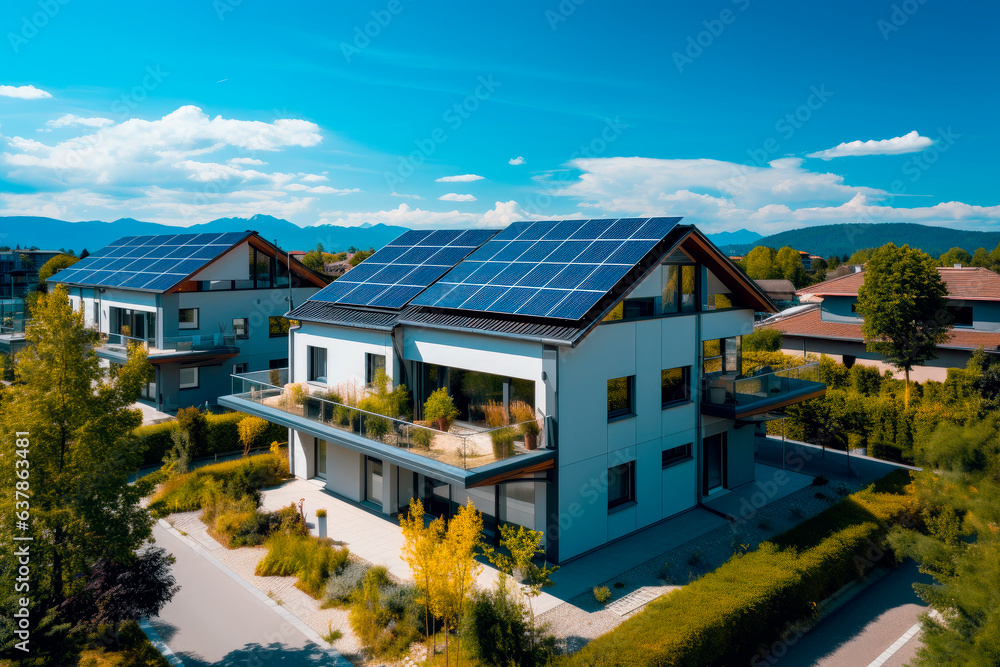 New modern residential houses with photovoltaic solar panels on the roofs