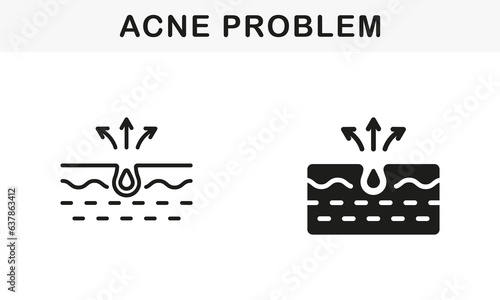 Skin Acne, Pimple, Comedo Pictogram. Dirty Skin Problem Symbol Collection. Blackhead and Inflammation Sebum Line and Silhouette Black Icon Set. Isolated Vector Illustration