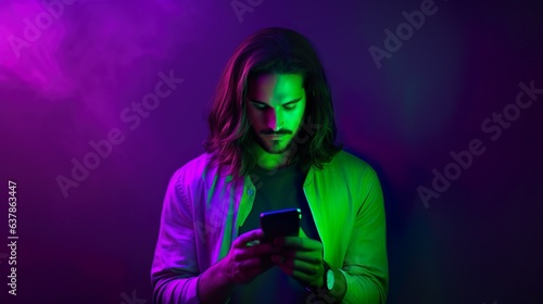 Stylish Long hair guy wearing Jacket and using phone with an purple gradient background. Concept of human emotions, facial expression, sales, ad.