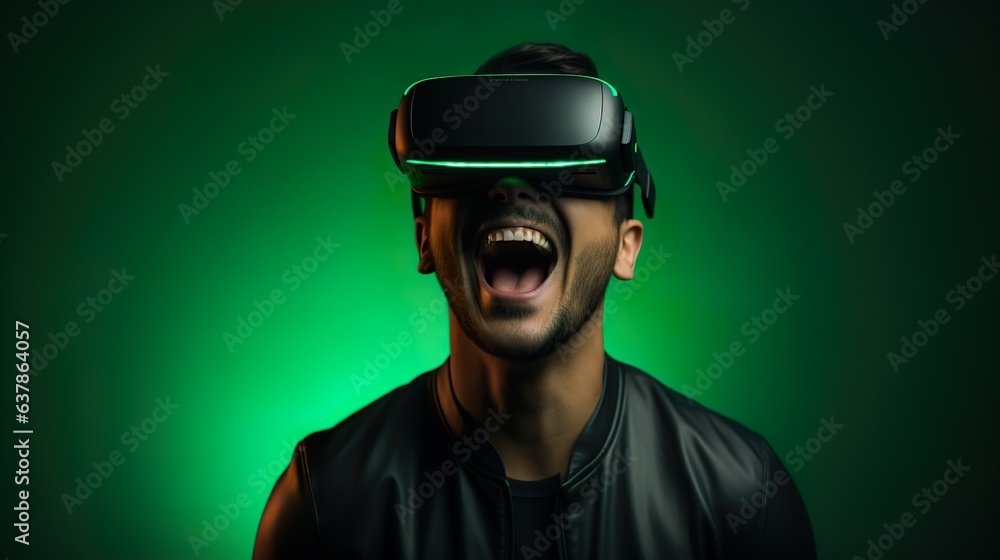Shocking, young, Happy smiling stylish men standing wearing gaming VR on a green gradient background. Shocking, young, Happy smiling stylish men standing wearing gaming VR on a green gradient background.