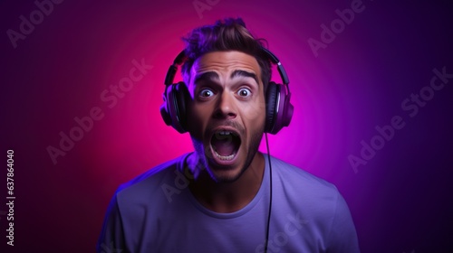Shocking, yelling stylish men standing wearing headphones listening alert sound with an dark purple gradient background.