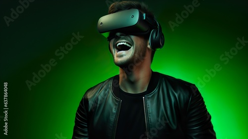 Happy smiling stylish men standing wear gaming VR with headphones listening game music & on a ultra green light colour gradient background.