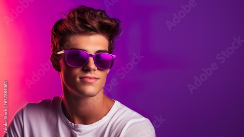 Young college guy standing wearing sunglasses with copy space on a light & dark purple gradient background. Text mockup.