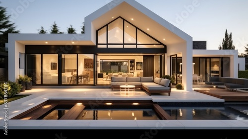 luxurious modern house exterior with open space seating area in natural style. © visoot