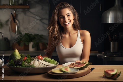 happy woman eating healthy food at home in the kitchen. generative ai.