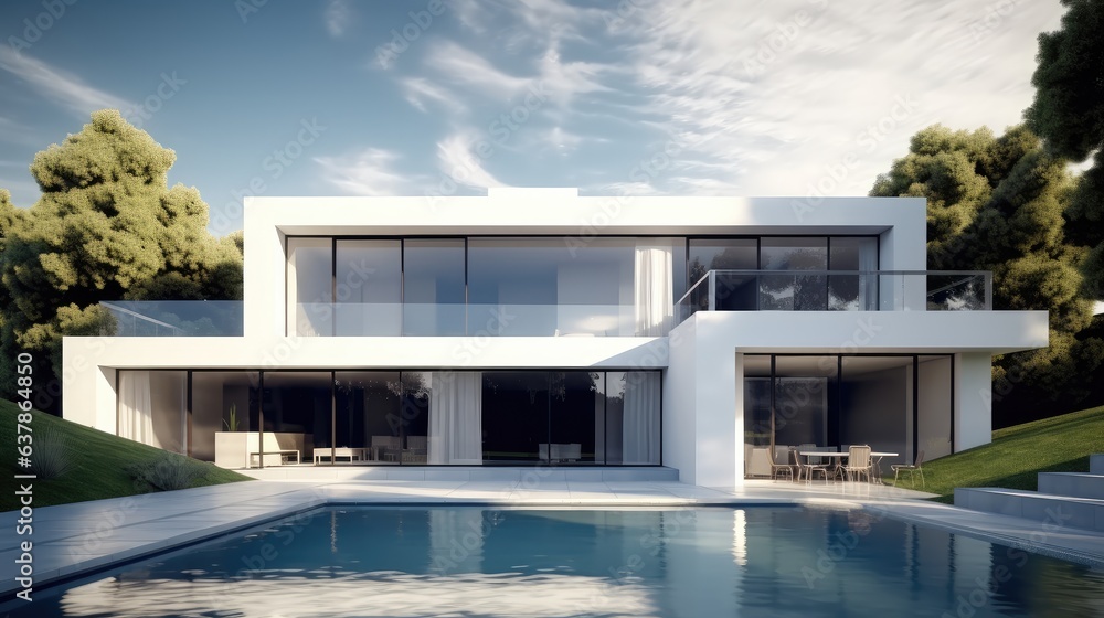 Fototapeta premium Modern home with swimming pool, Sleek and minimalist design that combines the natural beauty of white melycium.