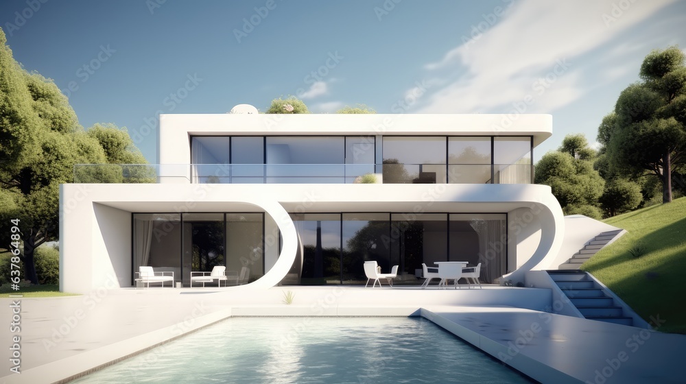 Fototapeta premium Modern home with swimming pool, Sleek and minimalist design that combines the natural beauty of white melycium.