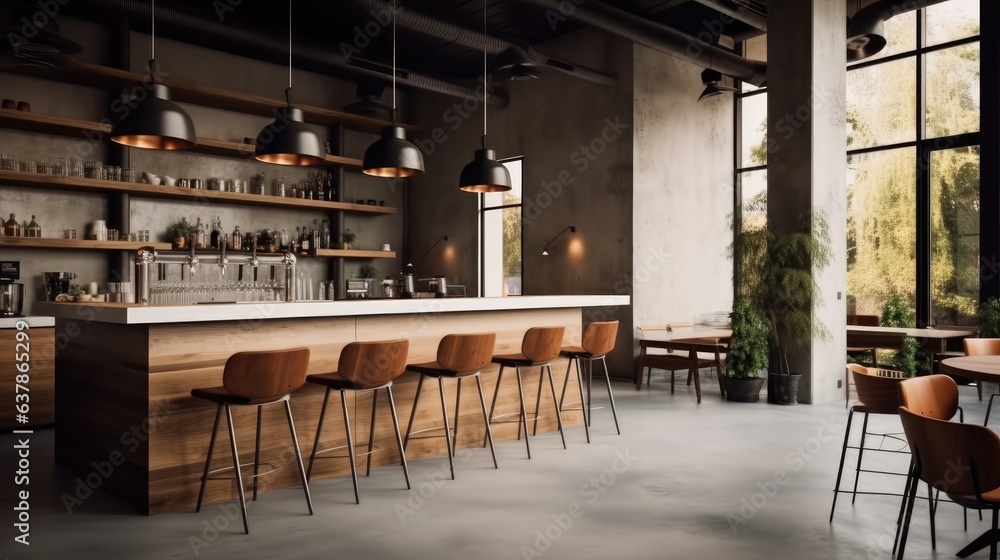 Modern cafe with bar and chairs with concrete walls and light from windows.