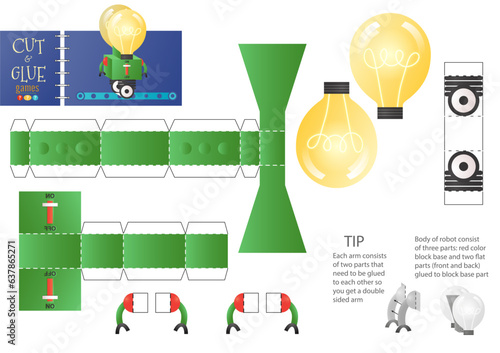 Cut and glue robot toy vector illustration, worksheet. Paper craft and small pieces riddle