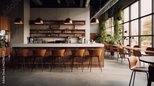 Modern cafe with bar and chairs with concrete walls and light from windows.