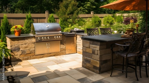 A picture of an outdoor kitchen with a built-in grill made of natural stone and plenty of countertop space for preparing food. The outdoor kitchen is surrounded by a beautiful garden and has plenty