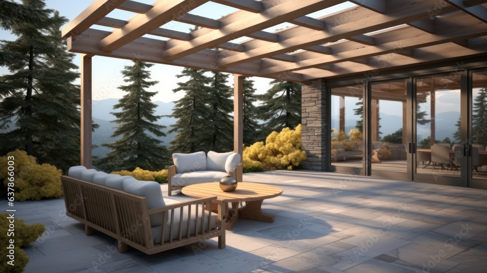 The open space of modern wooden and concrete patio seating area in natural style at house.