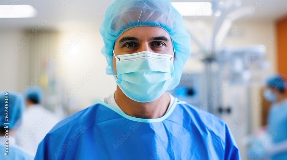 Cheerful Surgeon Wearing Blue Scrubs in Surgical Theater Cheerful Surgeon Wearing Blue Scrubs in Surgical Theater