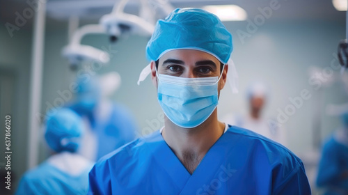 Smiling Male Surgeon in Blue Medical Attire Operating