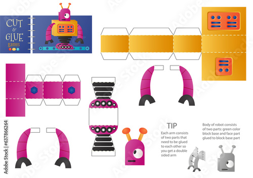 Cut and glue robot toy vector illustration, worksheet. Paper craft and diy riddle
