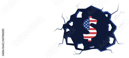 Illustration with crack in space and dollar sign. Breakthrough or crack at the financial level