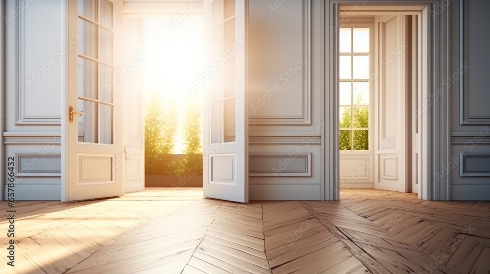 Fototapeta premium Open door with a key to a large bright luxury room with big windows in a new apartment, Real estate and property concept.