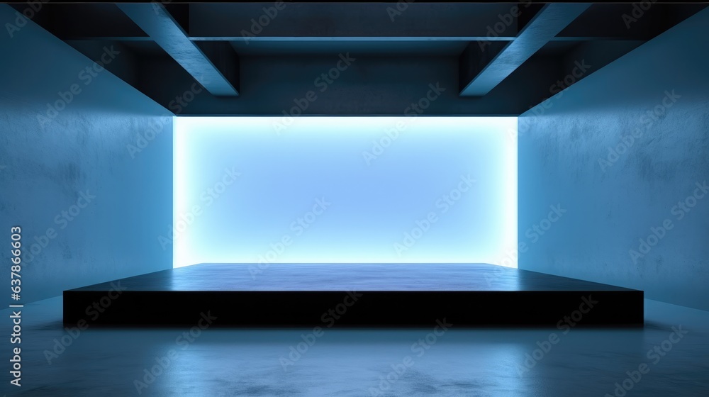 Fototapeta premium Perspective view of blank blue digital screen wall with square stand background.
