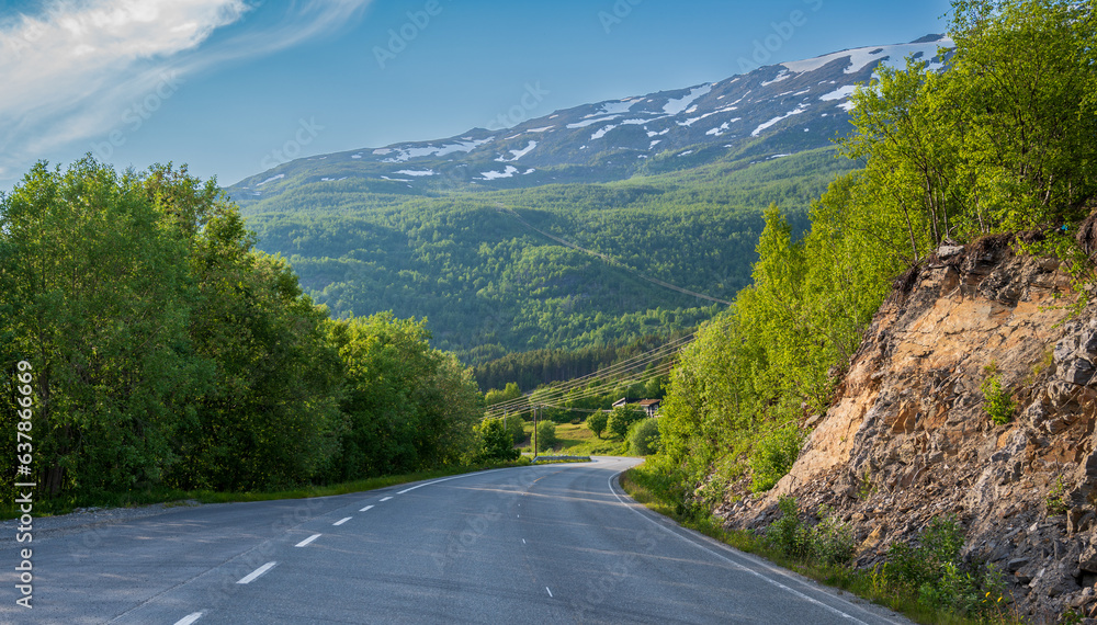 Naklejka premium Winding asphalt road in green forest under high hill