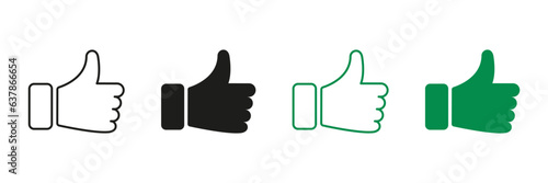 Thumb Up Line and Silhouette Icons. Good Choice, Like, Ok Pictogram Set. Approve, Confirm, Vote Gesture Sign. Finger Up Black and Green Button for Social Media. Isolated Vector Illustration