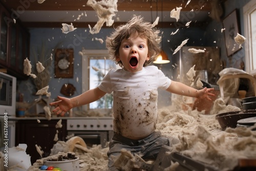 Playful hyperactive cute white toddler misbehaving and making a huge, throwing around things. Studio light. photo