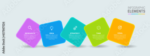 Concept with 5 steps in a row. Six colorful graphic elements. Timeline design for flyers, presentations. Infographic design layout