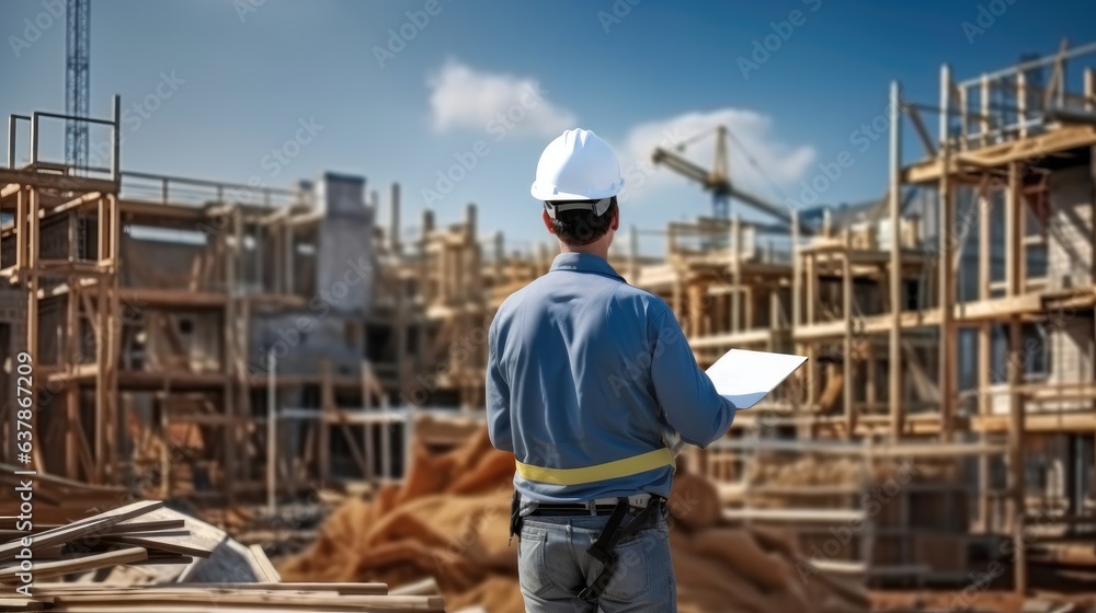 Rear view. Engineer working at construction site.