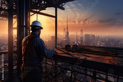 Dawn Vista: Worker on High-Rise Construction Site Admiring Cityscape