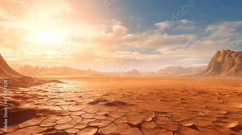 hot day in the desert, scorching sun, nature landscape, cracks in the ground