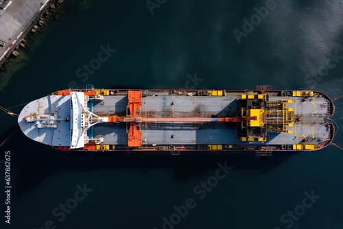 Industrial port and large cargo ship at port in ocean. Shipping and transportation. Export and import trade. Logistics and delivery © Bussakon