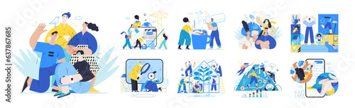Memphis business illustration, company - modern outlined flat vector concept illustrations set, corporate Corporate Memphis style business metaphor
