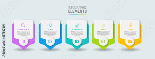 Concept with 5 steps in a row. Six colorful graphic elements. Timeline design for flyers, presentations. Infographic design layout