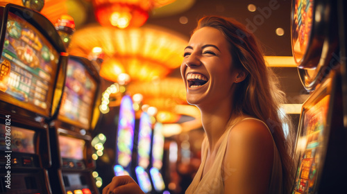 Young Woman Engaged in Slot Machine Game