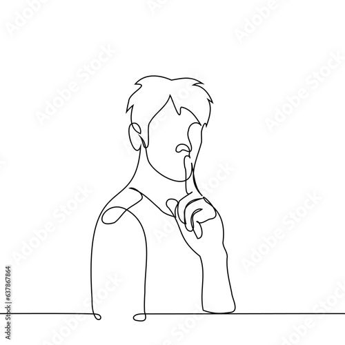 man put his finger to his mouth - one line art vector. concept of silence, call for silence, boycott, ignoring, hushing up, keeping secret