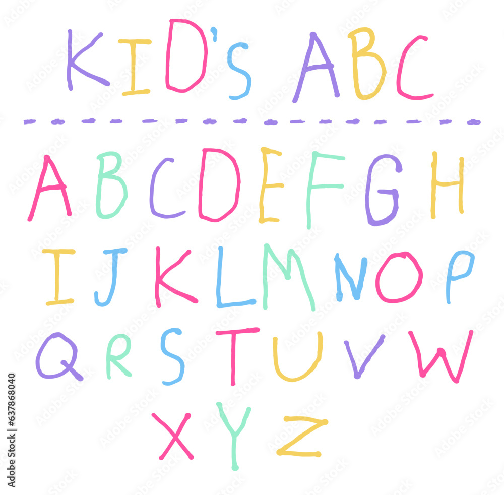 Hand drawn by small kid letters English ABC. Cartoon primitive child alphabet in simple doodle style Hand drawn by small kid letters English ABC. Cartoon primitive child alphabet in simple doodle style