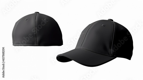 Set of black front and side view hat baseball cap on white background.