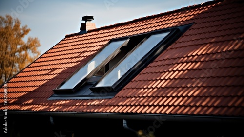 Sloped red clay tile roof with round beaver tail edge, Black metal plated roof dormer with metal louver, Residential building construction.