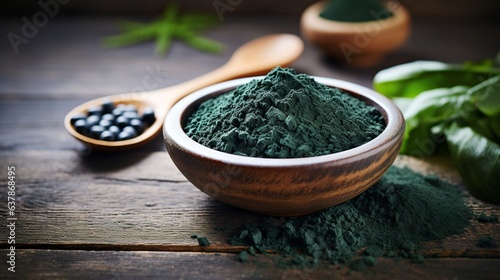 Green spirulina powder and tablets in wooden bowl. Favorite superfood for vegetarians and athletes. Top view, Generative AI