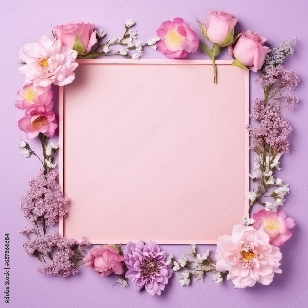 Flowers and leaves surround empty copy space. Pink border with empty space and surrounding flowers. Mockup. Background for publications and presentations